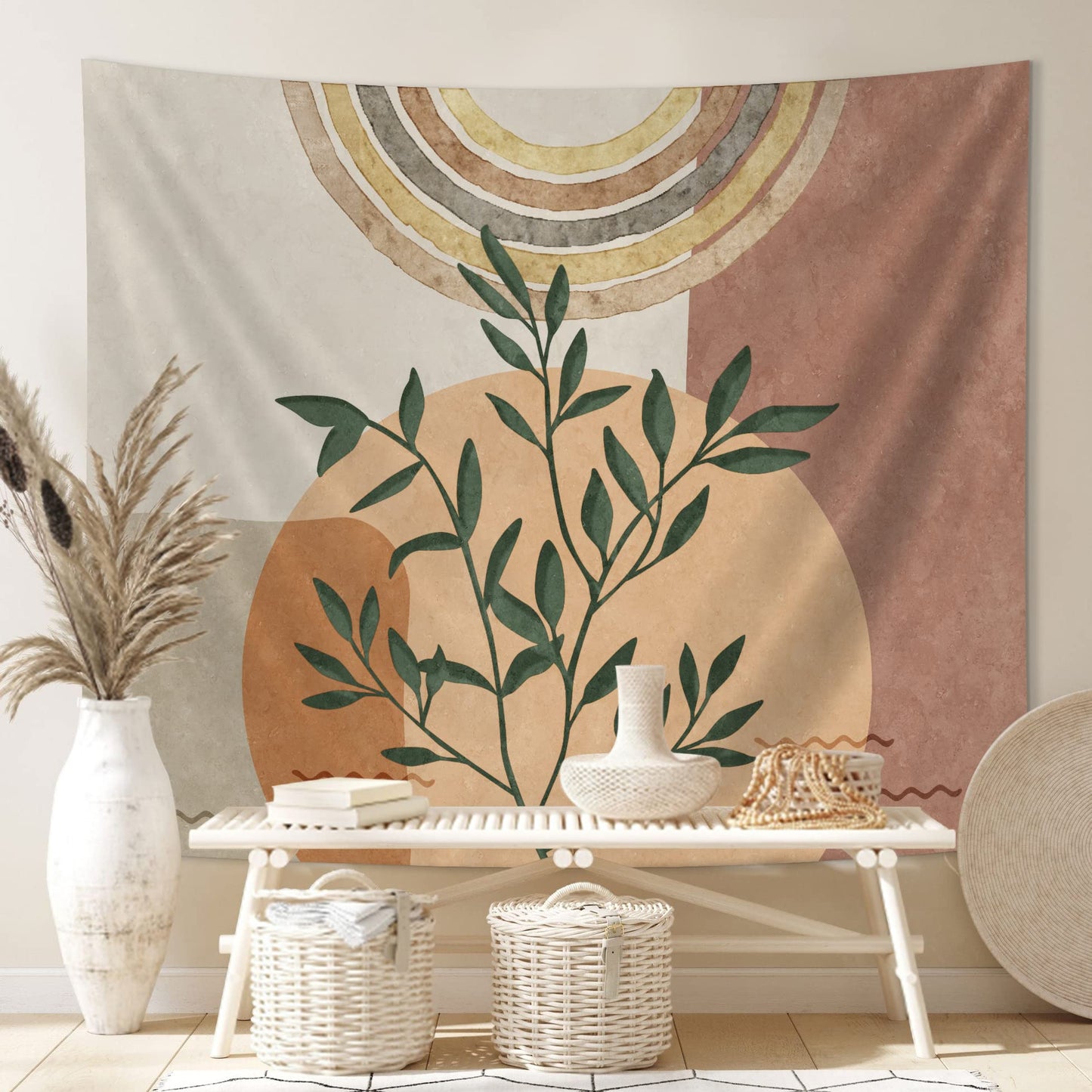 SUOTEMEIFEI Boho Plant Art Tapestry,retro Plants Tapestry Sunset Landscape Abstract Aesthetic Wall Bedroom Living Room Decor College Dorm Wall Hanging
