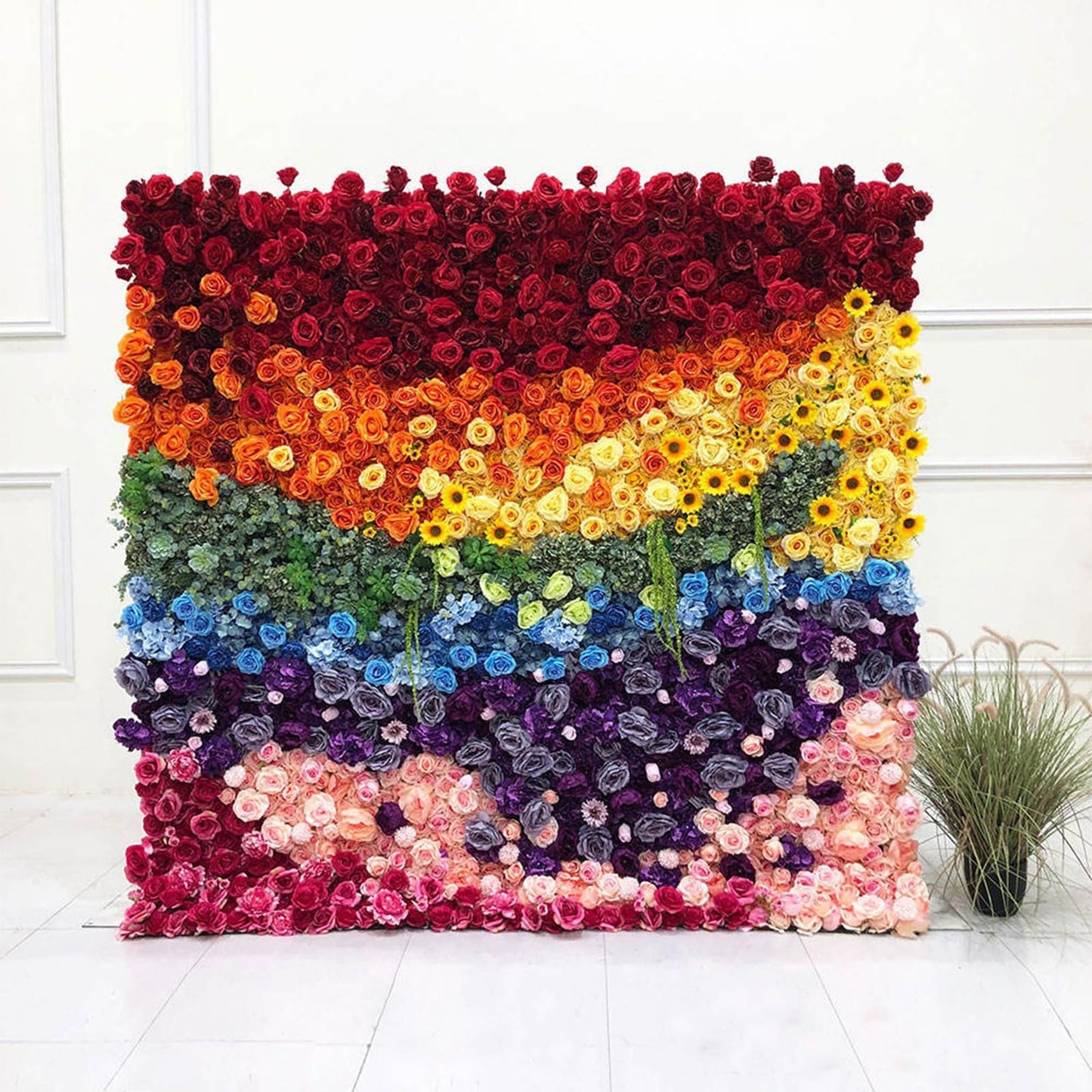 UYCVT Handmade Colorful Rainbow Roses Wall Large Artificial Flower Wall Backdrop Panels, Rose Wedding Backdrop 5D Floral Wall Fabric Flower Wall for Party Baby Shower Bridal We-2m*2m/6.56 * 6.56FT