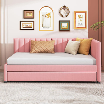 Brisca Upholstered Linen Daybed with Trundle,Twin Size Sofa Bed Frame W/Wooden Slats,for Bedroom,Apartment,Studio,Pink