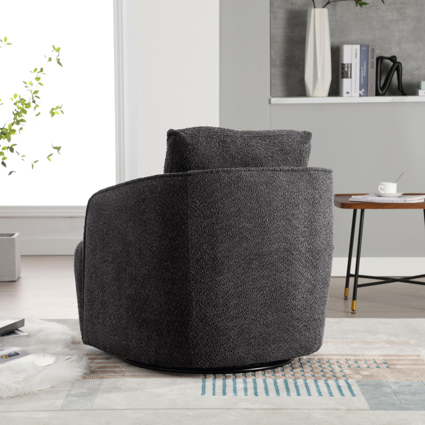 30.3" Boucle Swivel Barrel Chair, 360° Rotation Modern Round Accent Chair, Upholstered Club Armchair with Curved Back and Metal Base, Comfy Lounge Seat for Living Room Bedroom Office, Charcoal