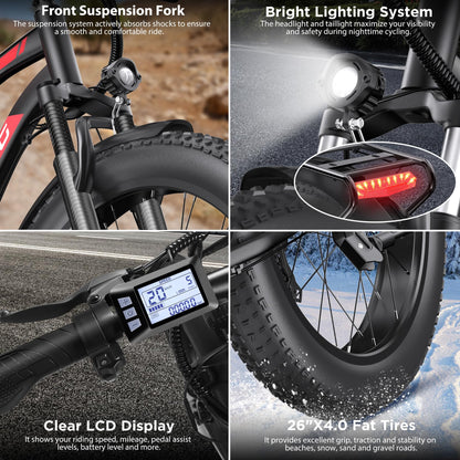 Funhang Electric Bike for Adults, 1000W Peak Ebike, 20MPH 60Miles Electric Mountain Bike, 26" Fat Tire Electric Bicycle with 48V 13AH Battery, Front Suspension,7 Speed, Rear Rack, UL 2849 Certified