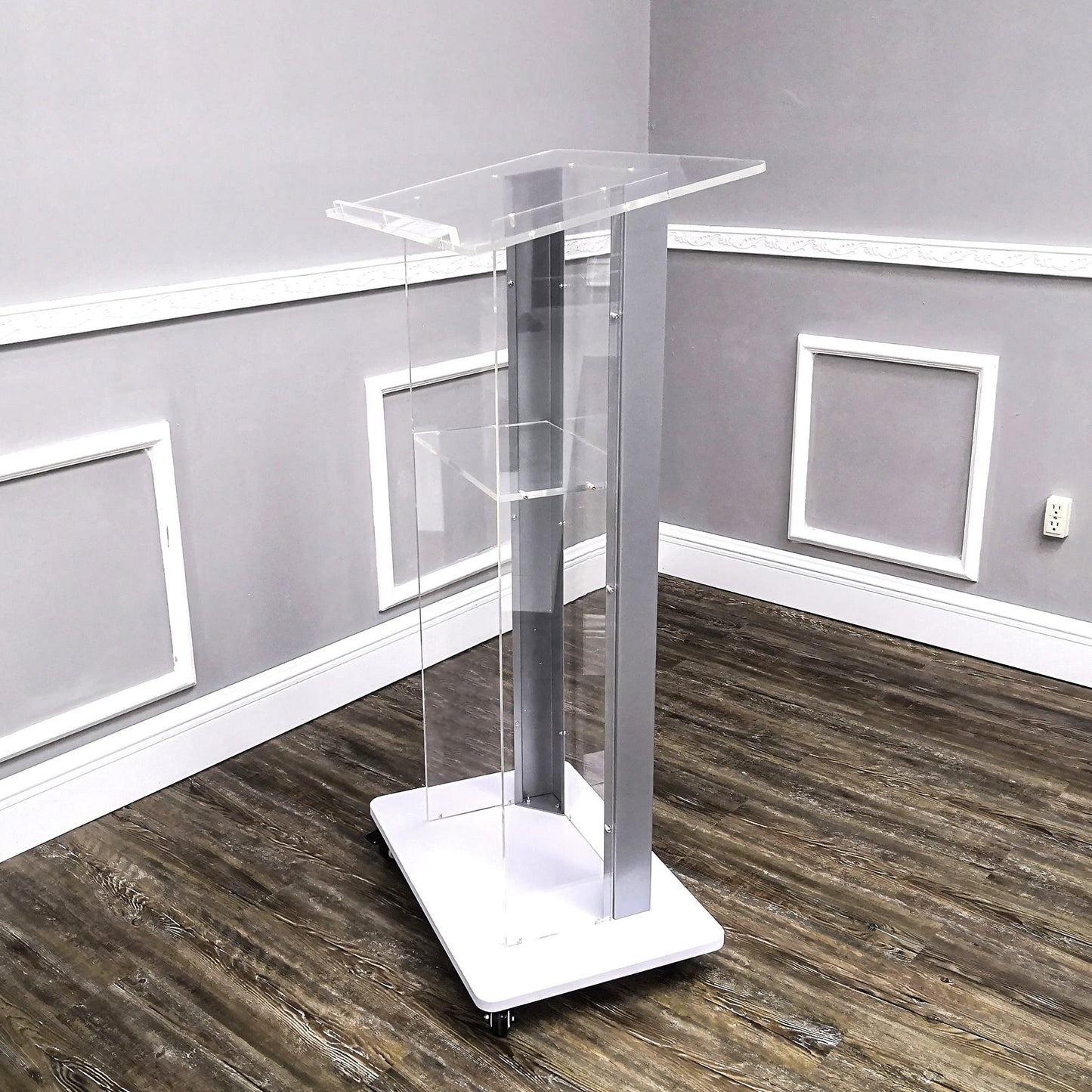 FixtureDisplays® Clear Acrylic Plexiglass Podium Steel Sides Church Pulpit School Lectern Debate Funeral Home Conference 14306NEW-NPF