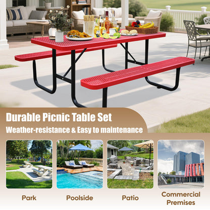 6FT Metal Picnic Tables for Outdoors, Commercial Rectangular Picnic Table and Bench Set for Outside, Patio, Garden, Backyard, Porch, Surface Mount, Red