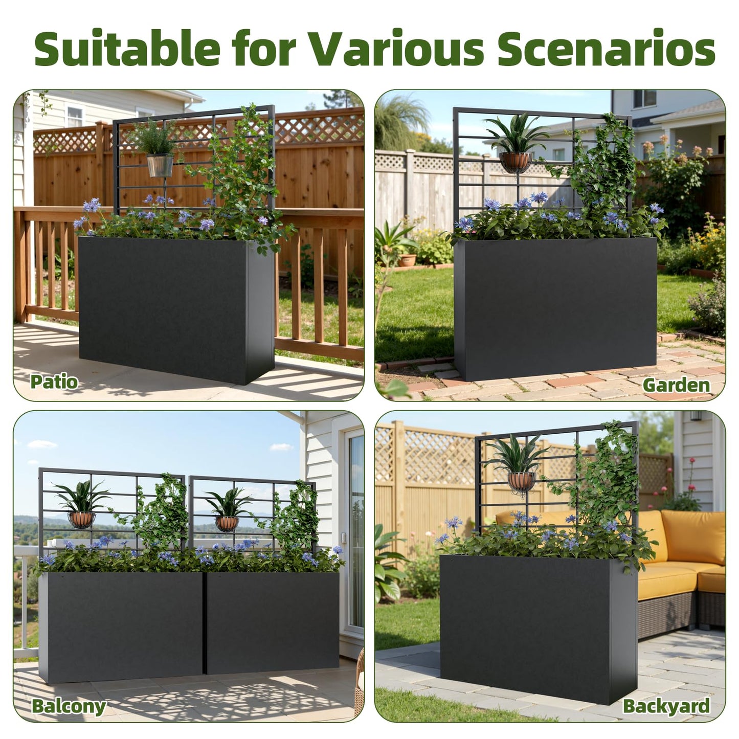 Trygoal 2 PCS Metal Planter Box with Trellis & 1 PCS Planter Box, 35" Lx11.8 Wx47 H Metal Raised Garden Bed with Trellis and Drainage Holes,Outdoor Standing Flower Bed for Climbing Plants,Vines