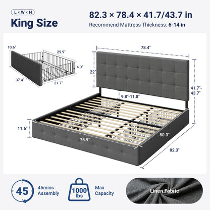 Allewie Upholstered King Size Platform Bed Frame with 4 Storage Drawers and Headboard, Square Stitched Button Tufted, Mattress Foundation with Wooden Slats Support, No Box Spring Needed, Light Grey