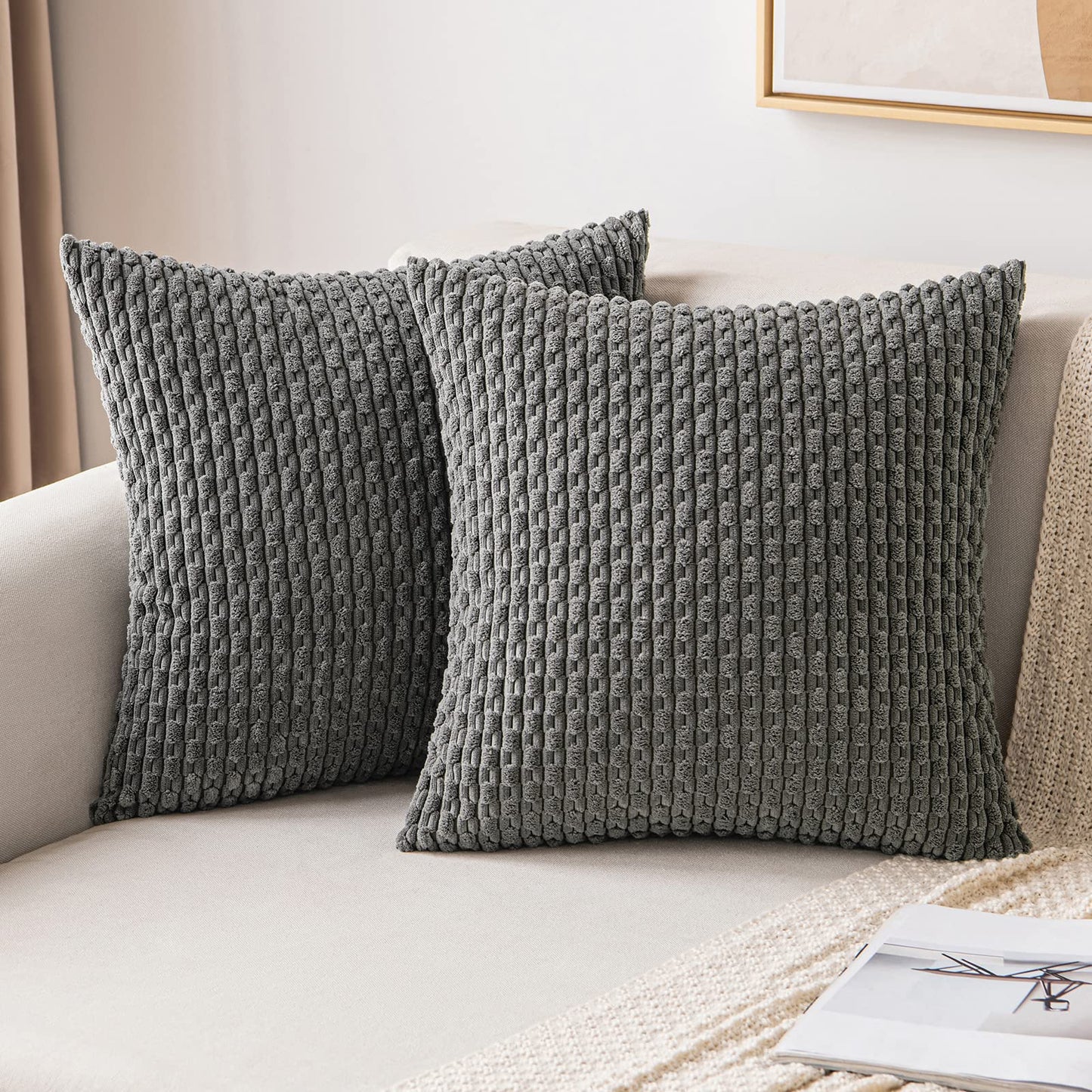MIULEE Pack of 2 Decorative Throw Pillow Covers 18x18 Inch Soft Boho Striped Textured Corduroy Pillow Covers Modern Farmhouse Home Decor for Couch Bed Sofa Living Room Cream White
