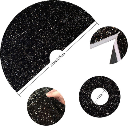 FUHSY Black Christmas Tree Skirt, 21 Inch Sequin Velvet Tree Cover Mat for Home Ornaments and Holiday Decor