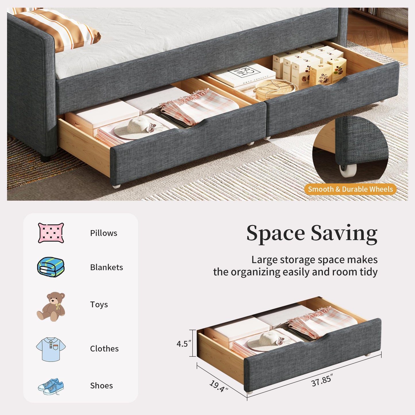 Ball & Cast Full Size Daybed with Two Storage Drawers,Linen Upholstered Day Bed Frame with Button Tufted and Waved Shape Arms, Wood Slat Support,No Box Spring Needed,Dark Grey