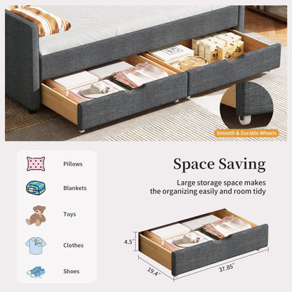 Ball & Cast Full Size Daybed with Two Storage Drawers,Linen Upholstered Day Bed Frame with Button Tufted and Waved Shape Arms, Wood Slat Support,No Box Spring Needed,Dark Grey