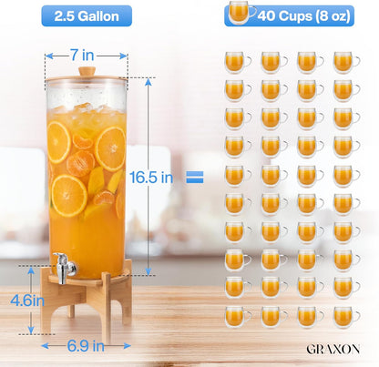 GRAXON (2.5 Counter Drink Dispenser with Bamboo Stand & Spigot Gallon) Large Plastic Beverage Dispenser for Parties