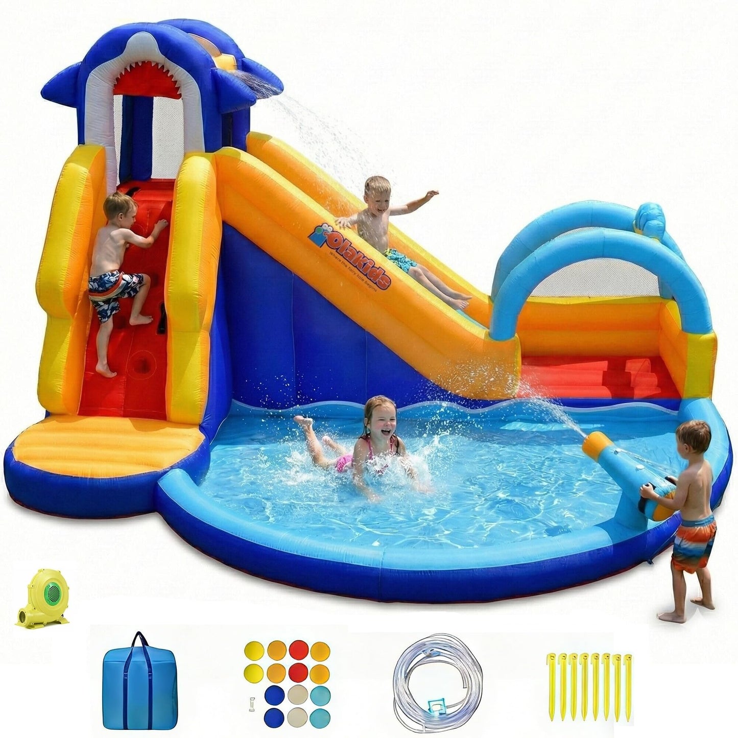 OLAKIDS Inflatable Water Slides, Shark Theme 14FT x 10FT x 8.5FT Bouncy House with Slide, Splash Pool, Climbing Wall, Water Gun, Outdoor Jumping Castle with Hose, Carry Bag, Stakes