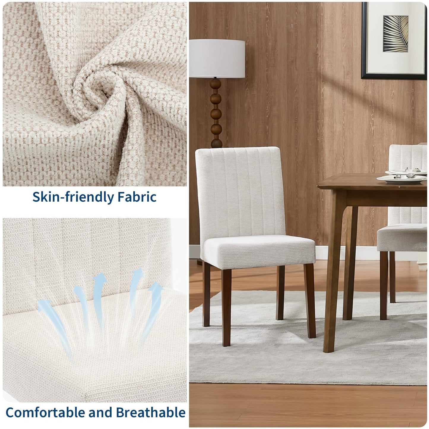 IDEALHOUSE Dining Chairs Set of 6, Farmhouse Tufted Parsons Chairs Stylish Kitchen Chairs Upholstered Fabric Kitchen Chairs with Wood Legs and Padded Seat, for Dining Room, Living Room, Beige