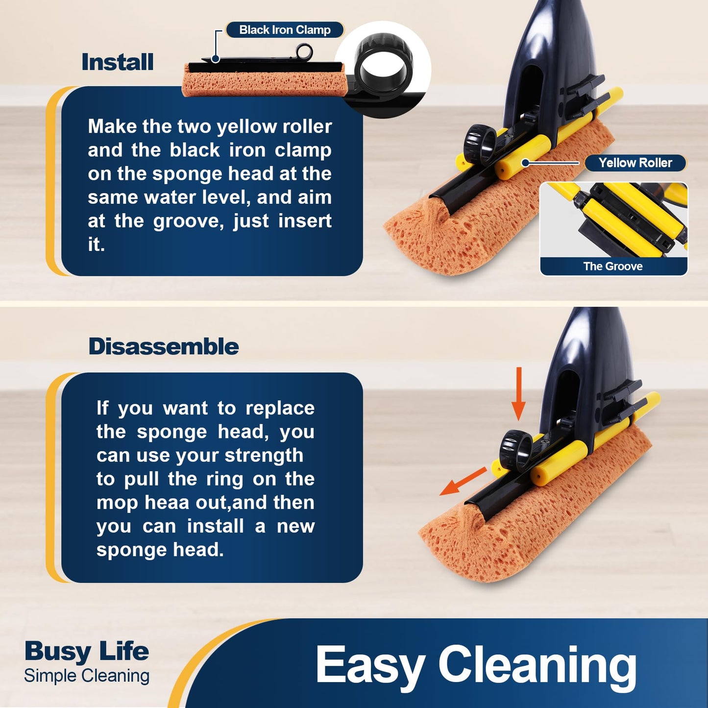 Yocada Sponge Mop Home Commercial Use Tile Floor Bathroom Garage Cleaning Total 2 Sponge Heads NOT 3 Telescopic Handle Squeegee from 42.5 to 52 Inches Easily Dry Wringing only 2 Heads
