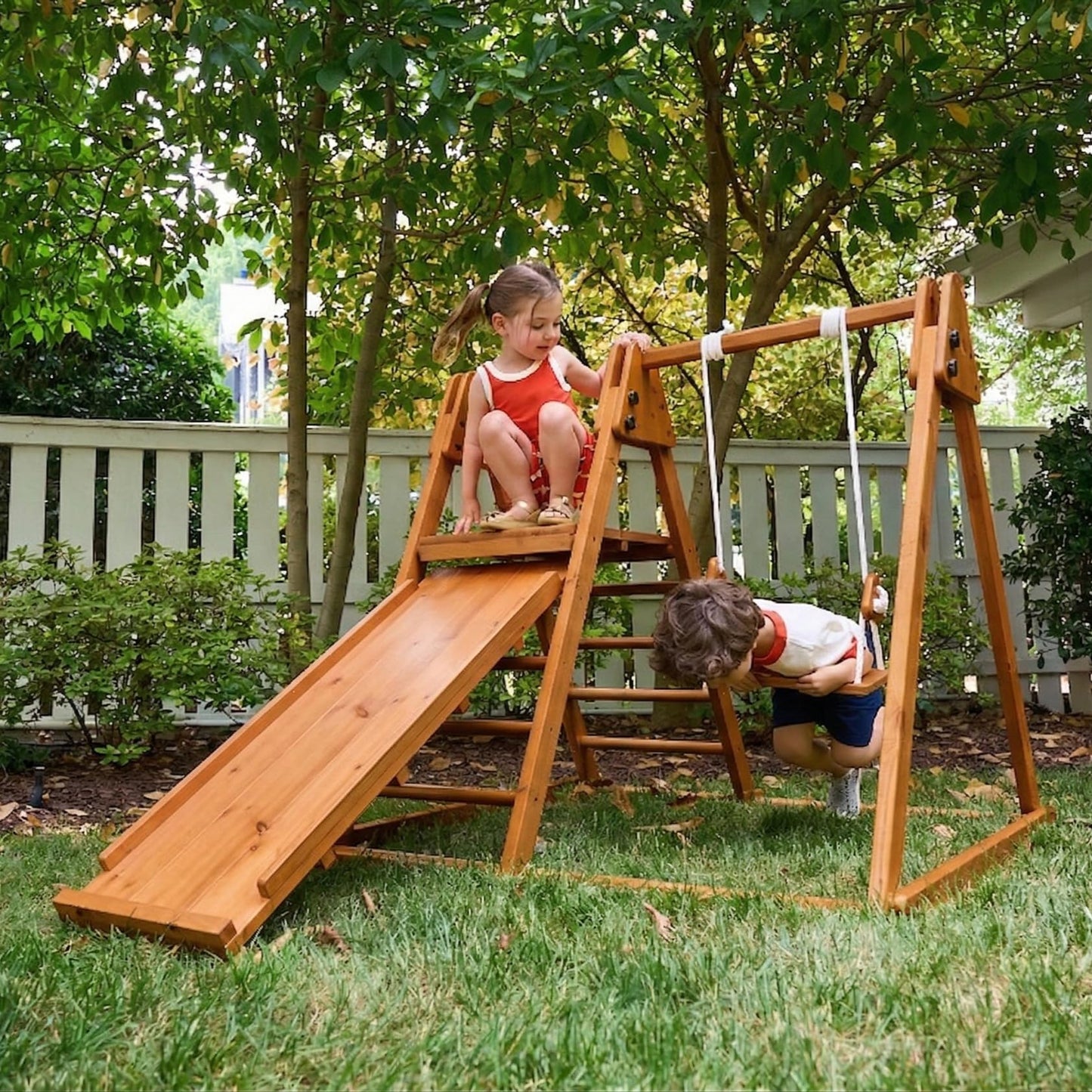 Avenlur 4-in-1 Juniper Outdoor Play Gym - Jungle Gym Playset with Baby Swing, Slide, Ladder, and Climbing Wall - Foldable Wooden Playset - Outdoor Jungle Gym for Kids Ages 18mo to 6yrs