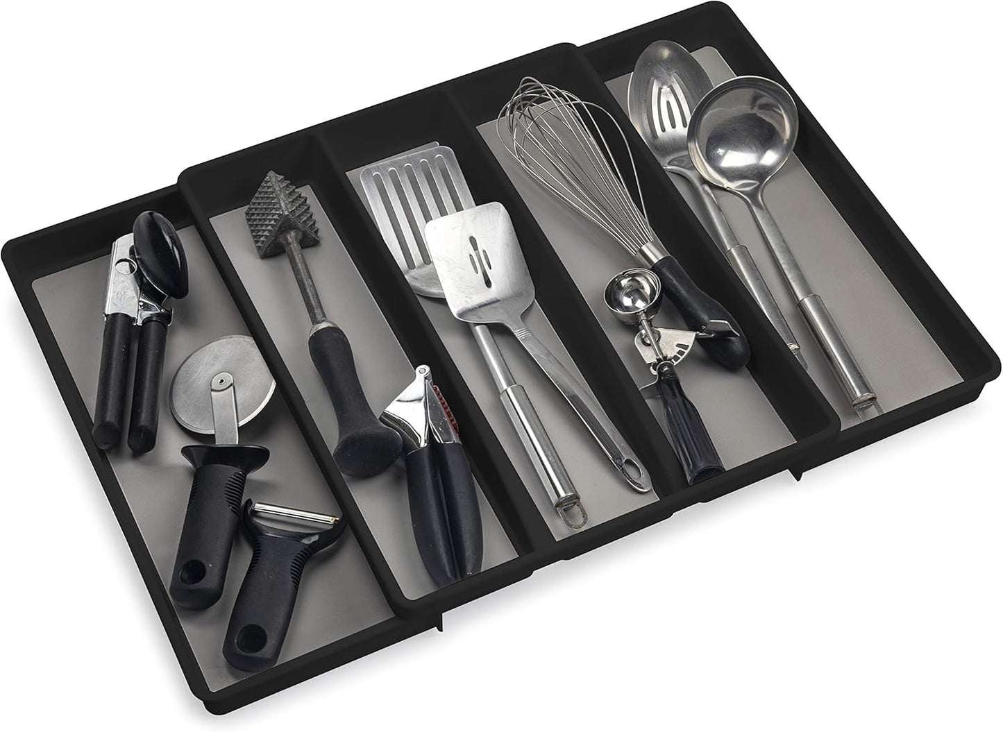 ELTOW Expandable Utensil Drawer Organizer, 5 Compartment Non-Slip & Adjustable Large Tray for Kitchen Drawers, Black