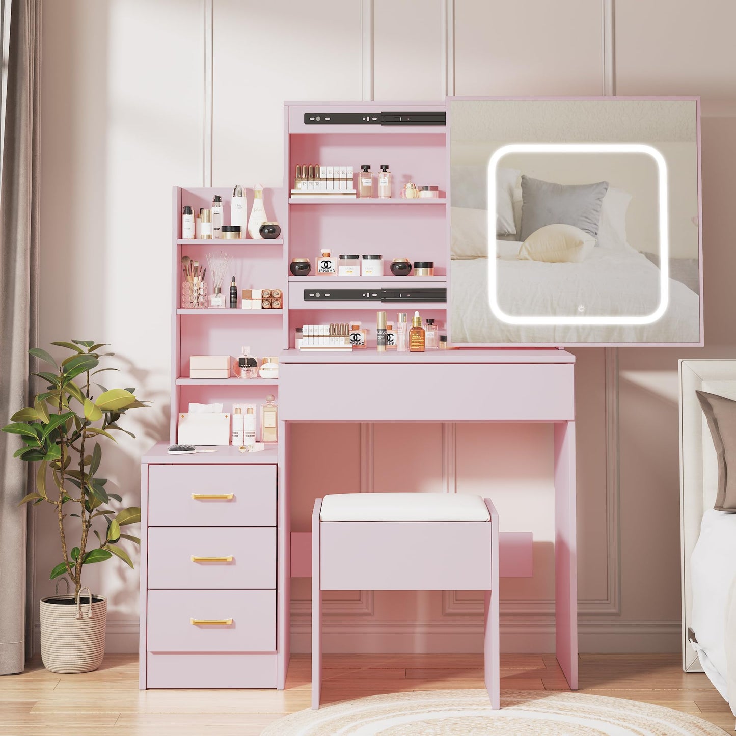 GarveeHome Vanity Desk with Sliding Mirror and Lights, Makeup Vanity Set with 4 Drawers, Stool, Power Outlet, Open Shelves, 3 Color Adjustable Lighting Modes, Makeup Dressing Table for Bedroom, Pink