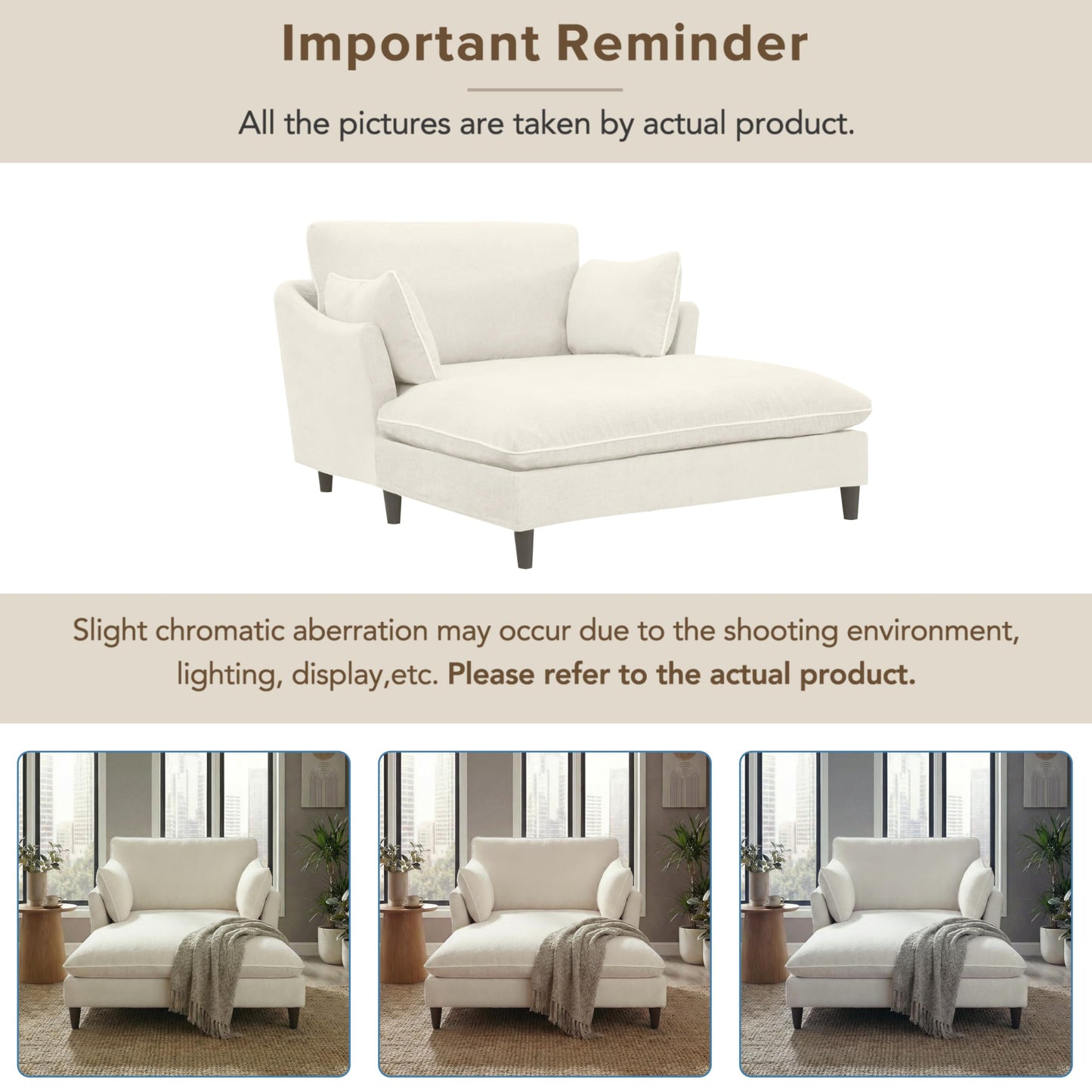 Merax Boneless Chaise Lounge Chair Indoor, 51.2" Modern Oversized Chaise Lounge Reading Chairs with 2 Pillows, Comfy Chenille Sleeper Sofa Couch for Living Room Bedroom Apartment, Beige