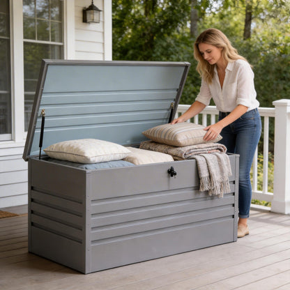 Zolyndo 260 Gallon Metal Deck Box, Extra Large Metal Patio Outdoor Storage Box with Lockable Lid, Waterproof Garden Storage for Cushions Pool Accessories Tools Light Gray
