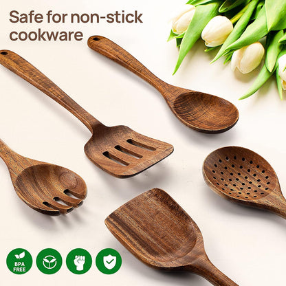 Kitchen Wooden Spoons Utensils Set, 5 Piece Acacia Wood Cooking Utensils for Nonstick Cookware Essentials