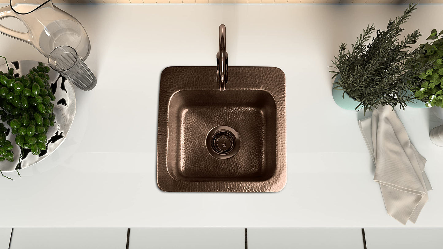 Monarch Abode Kitchen & Bar Sink – 15-inch Baxter Drop in Small Bar Sink, Hand Hammered Pure Copper Sinks with Faucet Hole for Wet Kitchens, Decorative Kitchen Sinks, Single Drop in RV Sinks