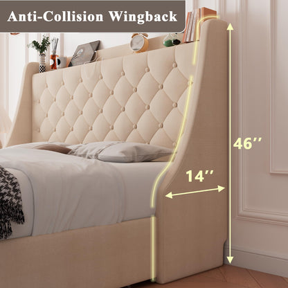 Feonase Upholstered Full Size Bed Frame with 4 Storage Drawers, Charging Station and Tufted Wingback Storage Headboard, No Box Spring Needed, Easy Assembly, Beige