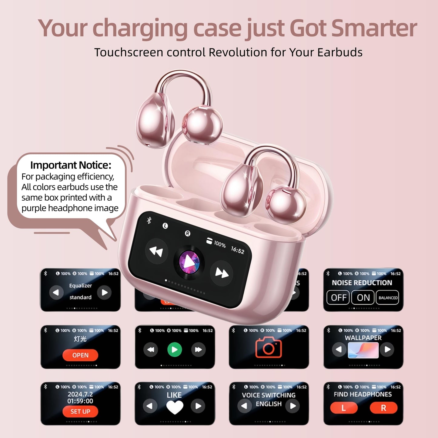 otinsile Open Ear Earbuds,Clip On Earbuds Wireless Bluetooth 6.0 with LCD Touchscreen, Lightweight Comfort Bone Conduction Headphones for Sports, Fitness, and Workouts, Rose Gold