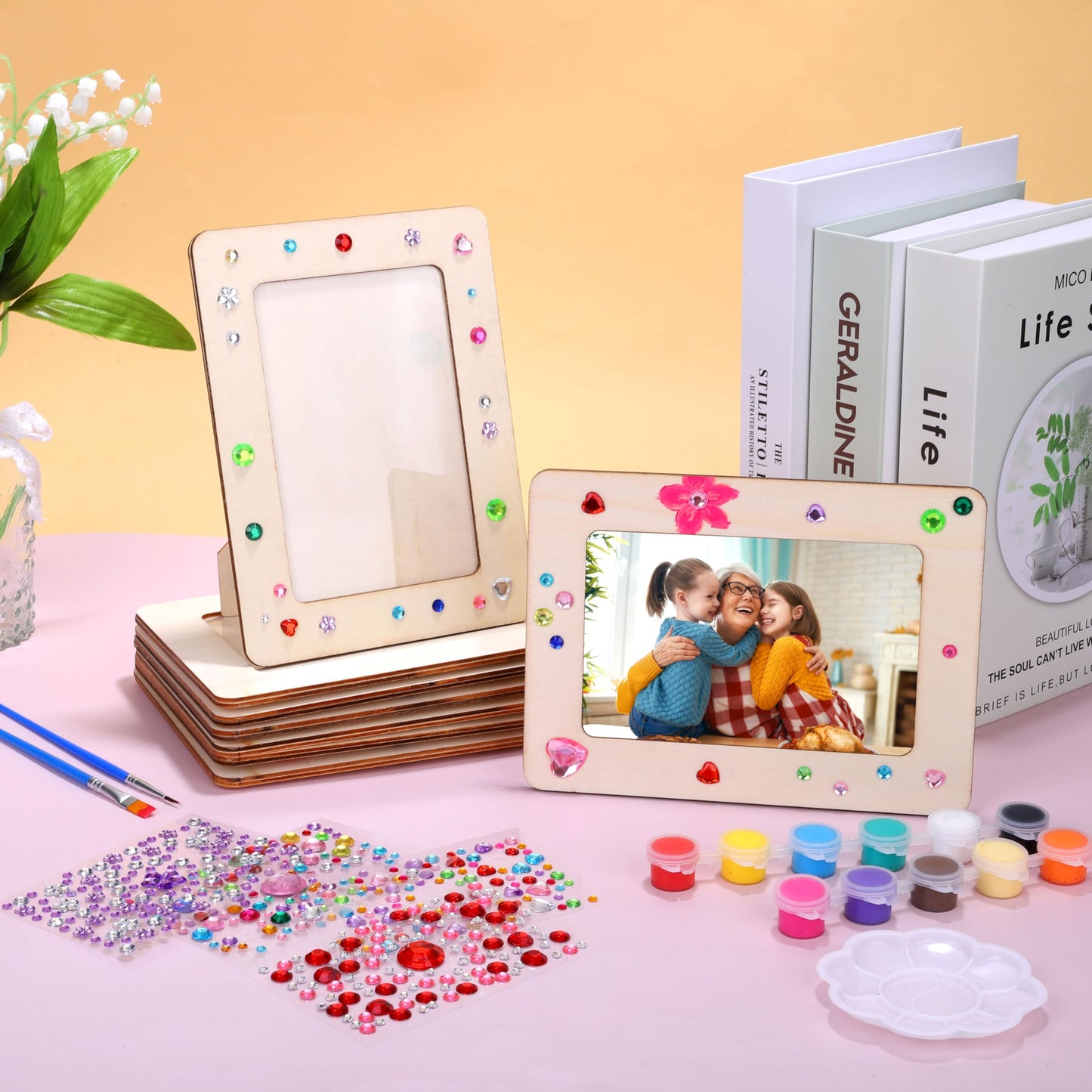 Fovths 10 Pcs Wooden Picture Frames for Crafts, 4 x 6 Inch DIY Wood Frames with Gem Stickers Acrylic Paint Brushes Palette, Unfinished Wood Photo Frame for DIY Painting Arts Projects Decorate