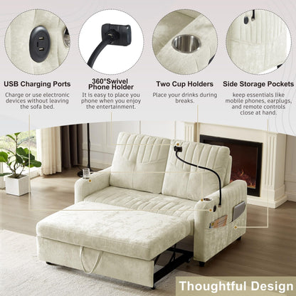 Merax Chenille 3-in-1 Pull Out Sleeper Sofa Bed Couch, 54" Convertible Futon Loveseat with Adjustable Backrest, 2 Cup Holders, Phone Stand, 3 Charging Ports and Storage Pockets for Living Room, Beige