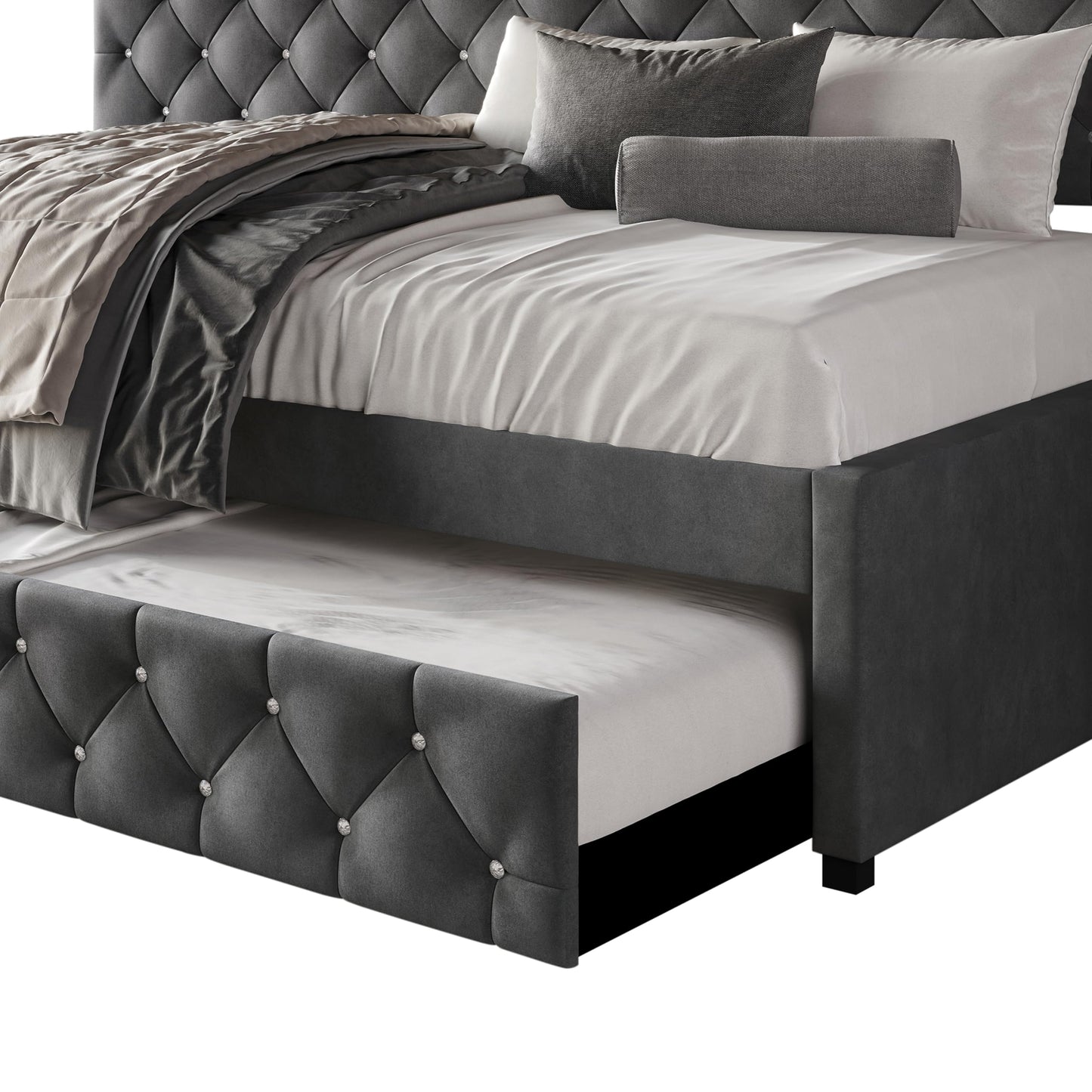 HOME DESIGN Darcey Velvet Upholstered Twin Daybed with Trundle, Tufted Guest Bed Frame, Modern Versatile Seating and Sleeping Solution – Dark Grey