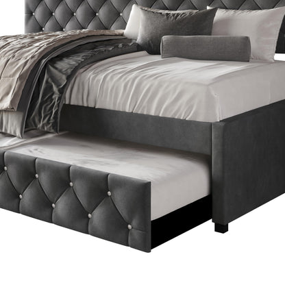 HOME DESIGN Darcey Velvet Upholstered Twin Daybed with Trundle, Tufted Guest Bed Frame, Modern Versatile Seating and Sleeping Solution – Dark Grey