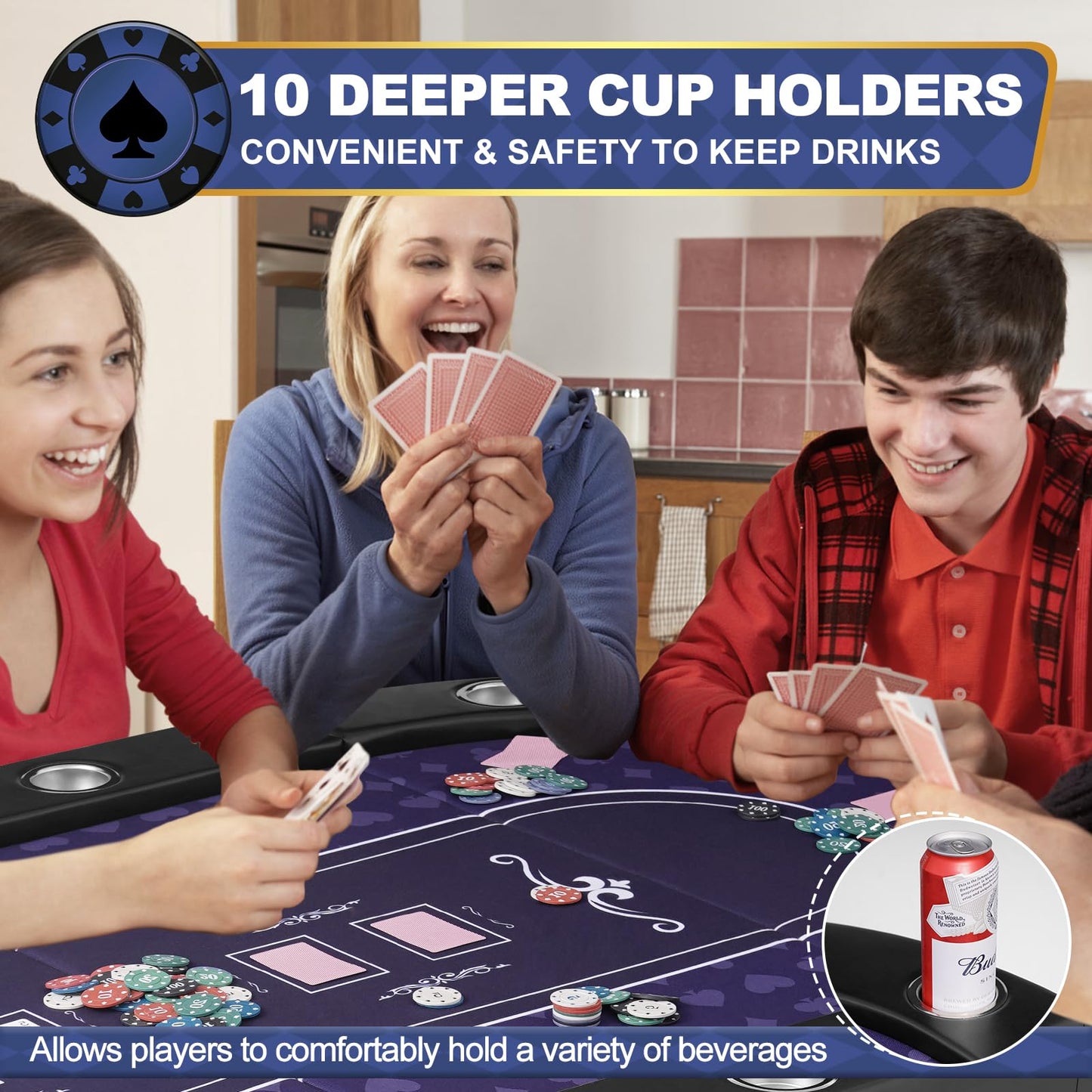 REAHOISY Poker Table Foldable, Casino Leisure Gamimg Table for 8/10 Player, Folding Texas Holdem Blackjack Table with Padded Rails & Cup Holders for Home Game Room, 84 Inch