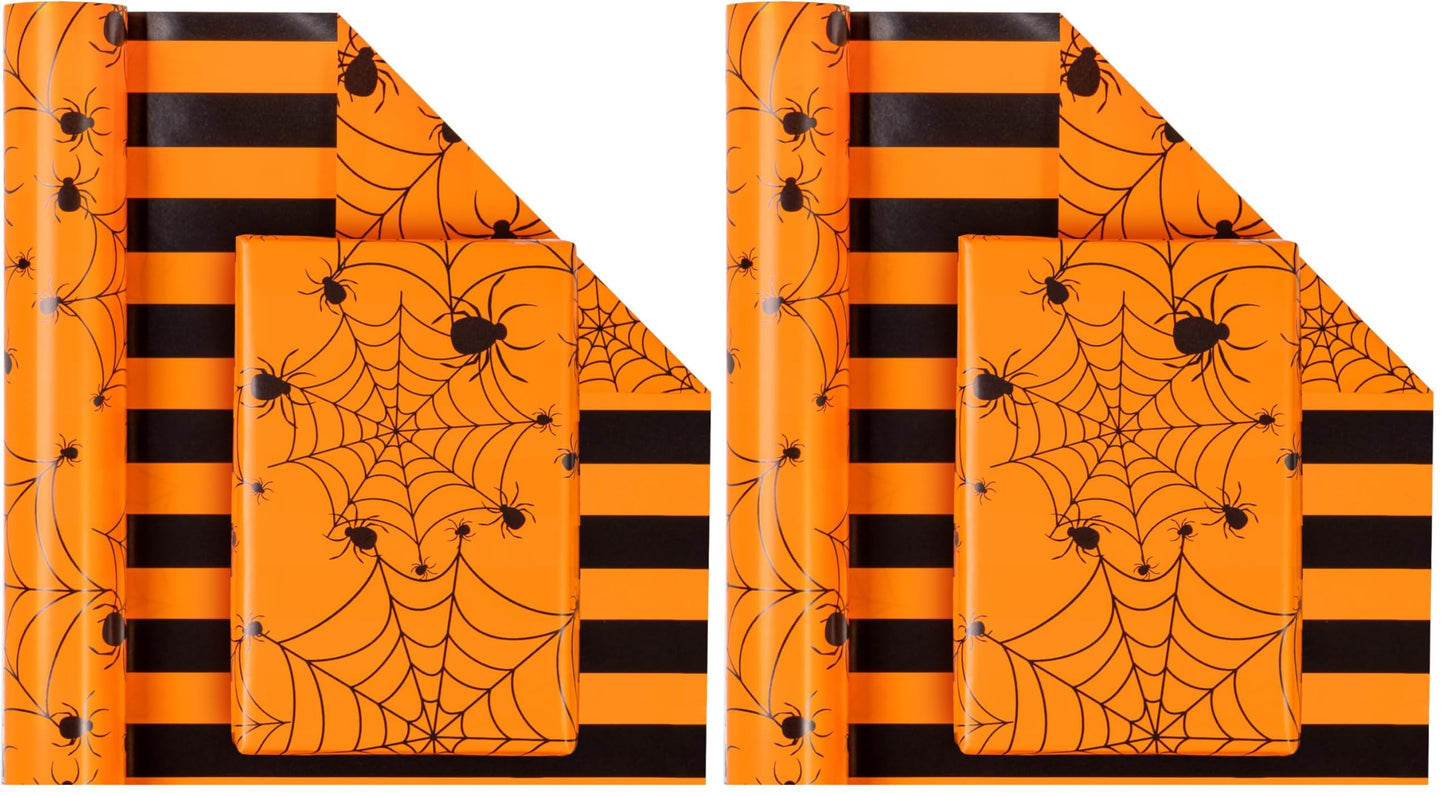WRAPAHOLIC Halloween Reversible Wrapping Paper Roll - Mini Roll - 17 Inch X 33 Feet - Spider Design, Perfect for Halloween Decorations, Holiday, Party (Pack of 2)