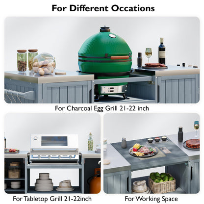 Merax Outdoor Grill Table for Big Green Egg Grills, 66.5" Patio Kitchen Island on Wheels with Stainless Steel Tabletop,Drawer and Spice Rack, Solid Wood Outdoor Storage Cabinet for Backyard, Grey Blue