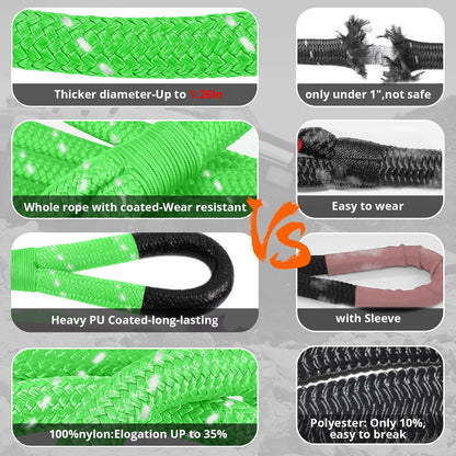 Kinetic Recovery Tow Rope: 1.26" x 30ft Reflective Snatch Strap with Soft Shackles Heavy Duty Offroad Towing Straps Kit for Trucks SUV UTV ATV Tractor Car Jeep - Neon Green