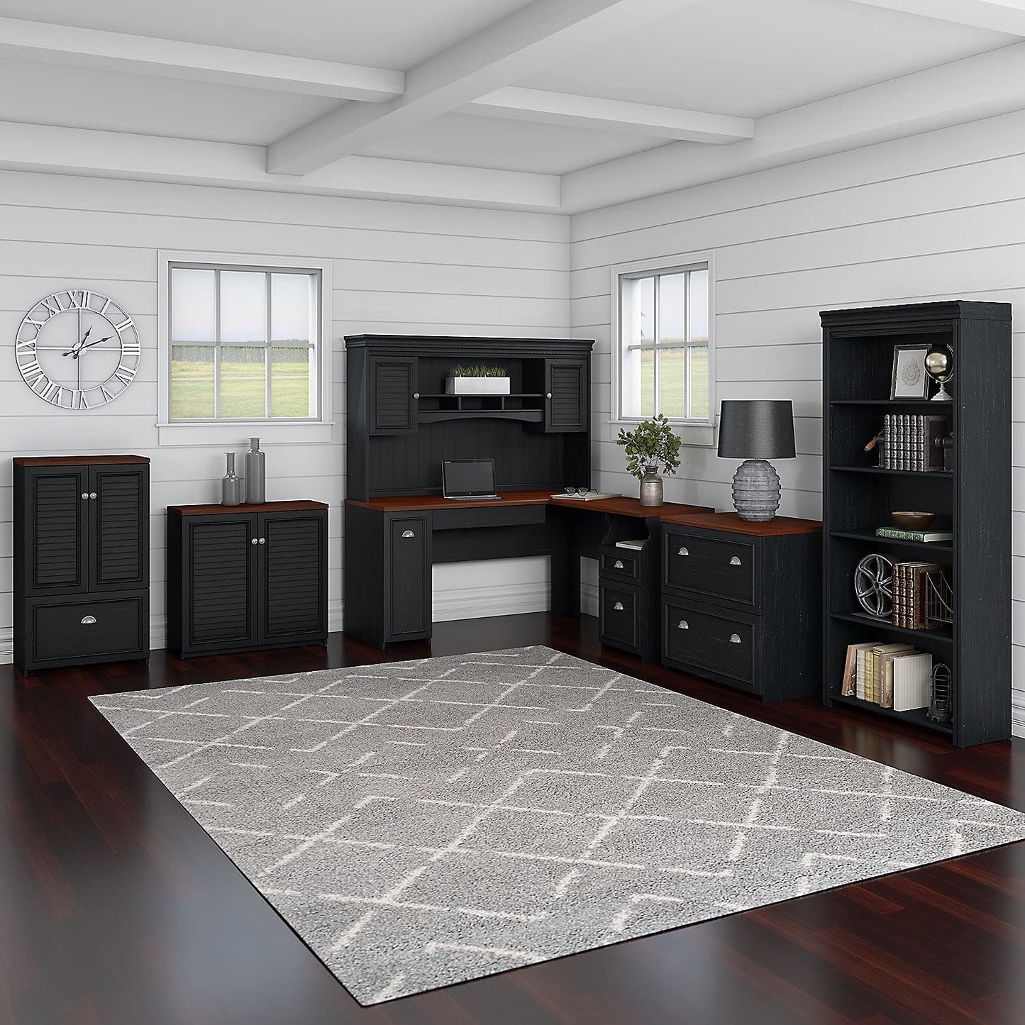 Bush Home Fairview 2 Door Storage Cabinet with File Drawer in Antique Black and Hansen Cherry