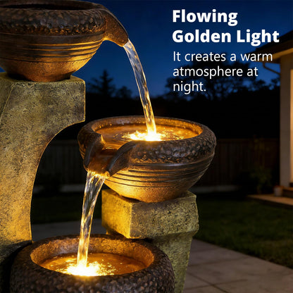 Naturefalls 40" Tall Outdoor Water Fountain and Waterfalls - Large Garden Fountain with LED Lights, 4-Tier Crocks, Indoor and Outdoor Fountains for Garden, Patio, Deck, Porch, Backyard and Home, Gray