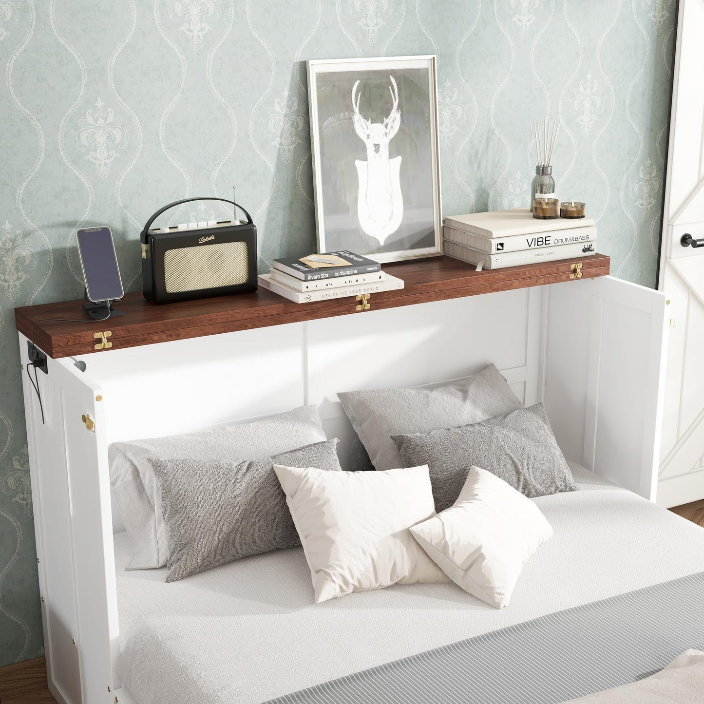 Bellemave Full Murphy Bed with Storage Drawer and Charging Station, Cabinet Bed, Farmhouse Murphy Cabinet with Foldable Panel, Noisy Free, for Guest Bedroom, Living Room, White+Walnut Panel