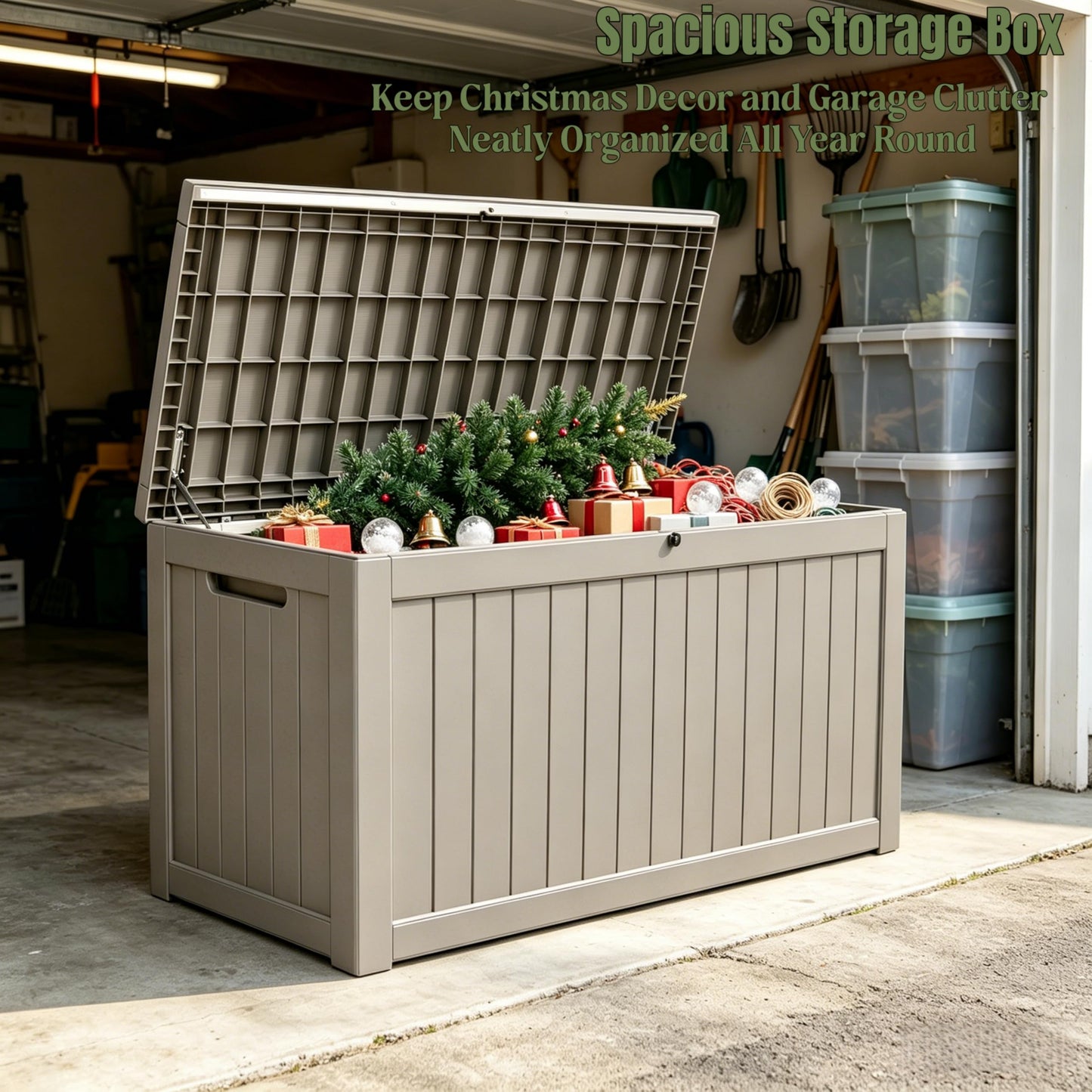 271 Gallon Large Resin Outdoor Storage Box, Waterproof Deck Box, Lockable Deck Container with Reinforced Support, Outdoor Chest for Patio Accessories, Outdoor Cushions, Garden Tools, Taupe Gray