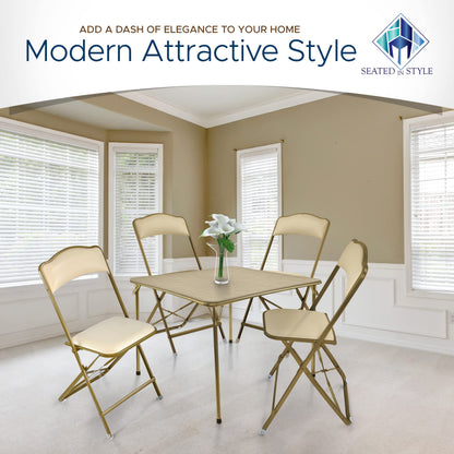 Premium Folding Chairs 4 Pack – Narrow 15” Seat, Padded Seat & Back – Folds Ultra Slim (~1 Inch) – Elegant Event Seating for Weddings, Parties & Dining Gold Frame Almond Vinyl