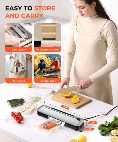 Vacuum Sealer Machine 75KPa Food with 6-in-1 Dry/Moist Modes & Digital Timer, Compact Lightweight Design, Built-in Cutter + 10 Bags (Black Silver)
