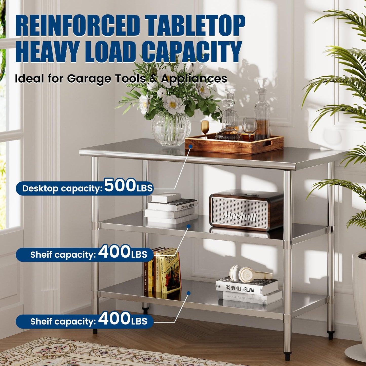 Stainless Steel Work Table 24 x 60 Inch with 2 Adjustable Undershelves, Heavy-Duty Metal Prep Table for Commercial Kitchen & Restaurant, Garage, Outdoor