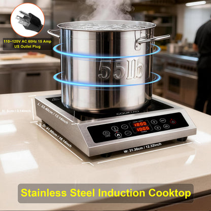 Stainless Steel Induction Cooktop, Professional Commercial Grade Single Burner Electric Cooktop, 1800W Hot Plate Portable Countertop Cooker with Temperature Control, Compatible with Magnetic Cookware