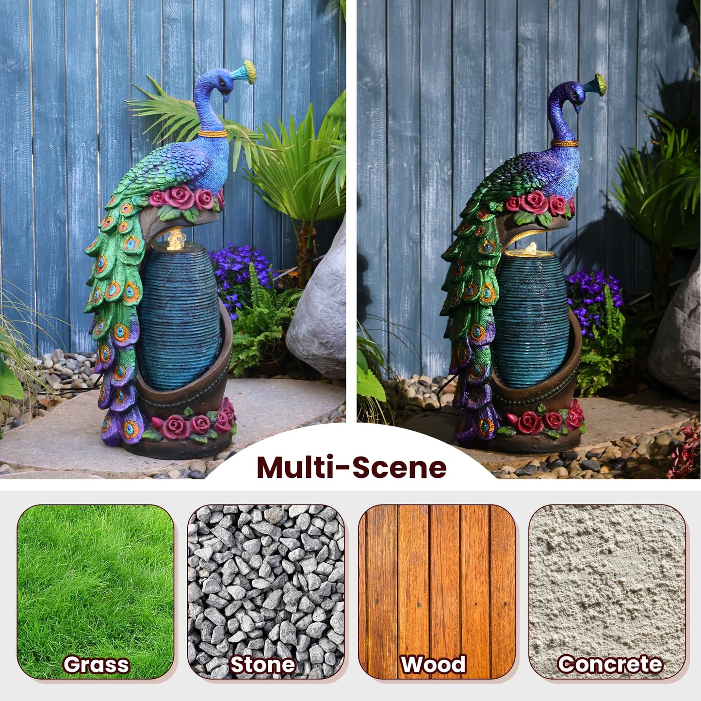 Tankana Outdoor Water Fountain 32" H Cascading Peacock Waterfall Fountain with LED Lights & Pump Tiered Water Feature for Garden, Patio, Backyard, Deck, and Porch Decor