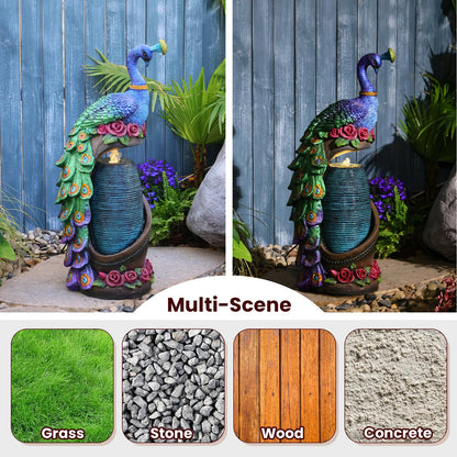 Tankana Outdoor Water Fountain 32" H Cascading Peacock Waterfall Fountain with LED Lights & Pump Tiered Water Feature for Garden, Patio, Backyard, Deck, and Porch Decor