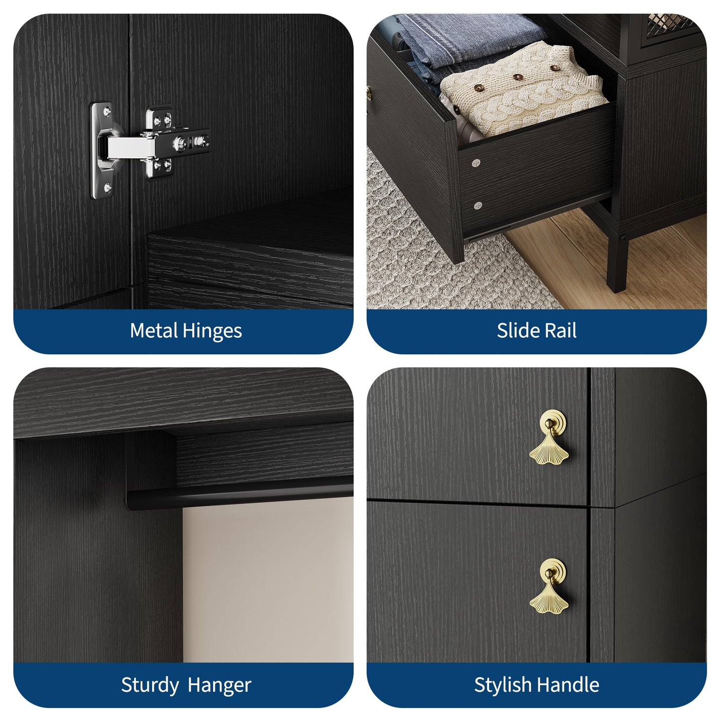78.9" Armoire Wardrobe Closet with Shelves and Hanging Rod, Large Fixed Compartment for Bedding & Luggage, Open Design of the Hanging Area, Metal Frame Wardrobe Cabinet for Bedroom (1 Drawer, Black)