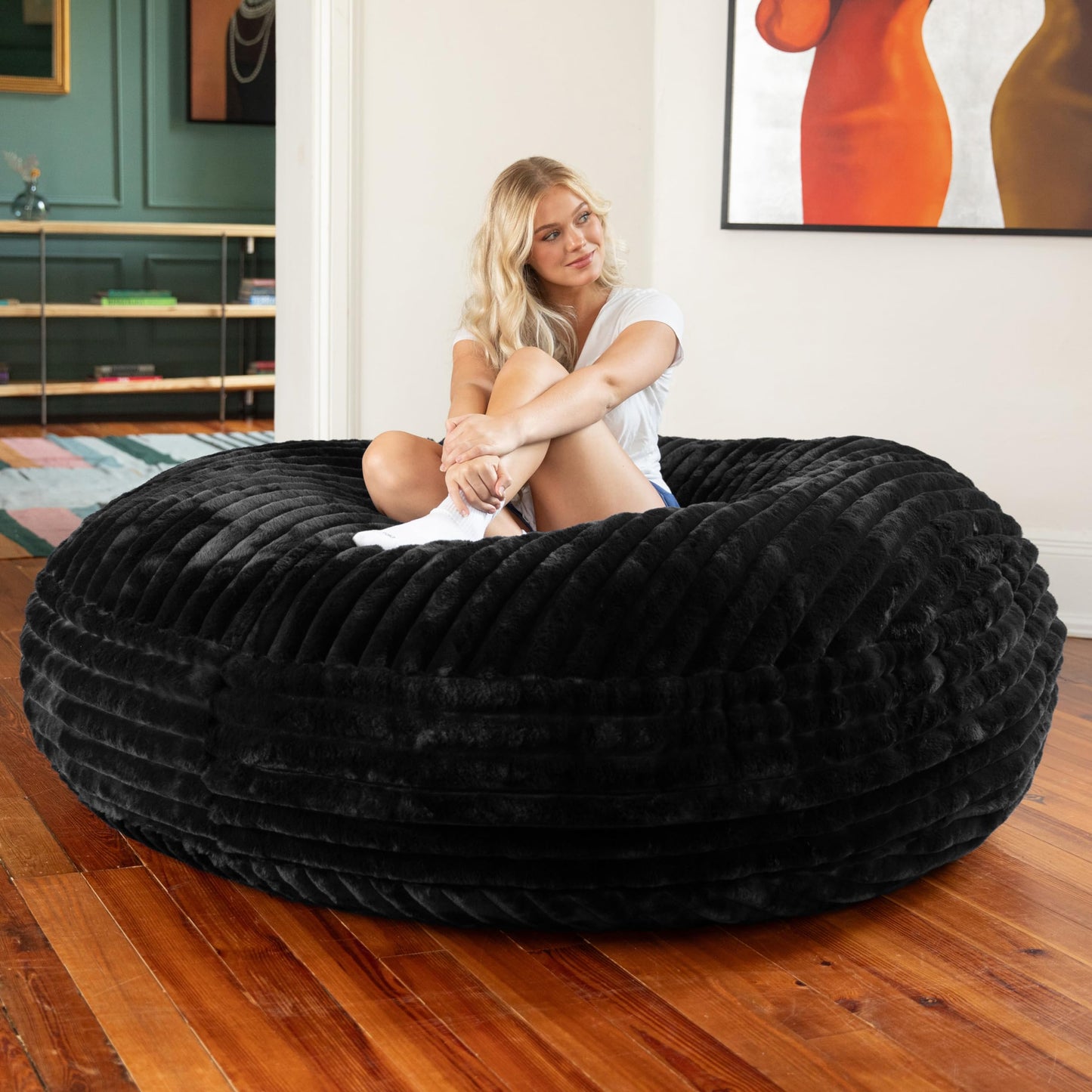 Jaxx 6 Foot Cocoon - Large Bean Bag Chair for Adults, Premium Luxe Faux Fur - Mondo Black