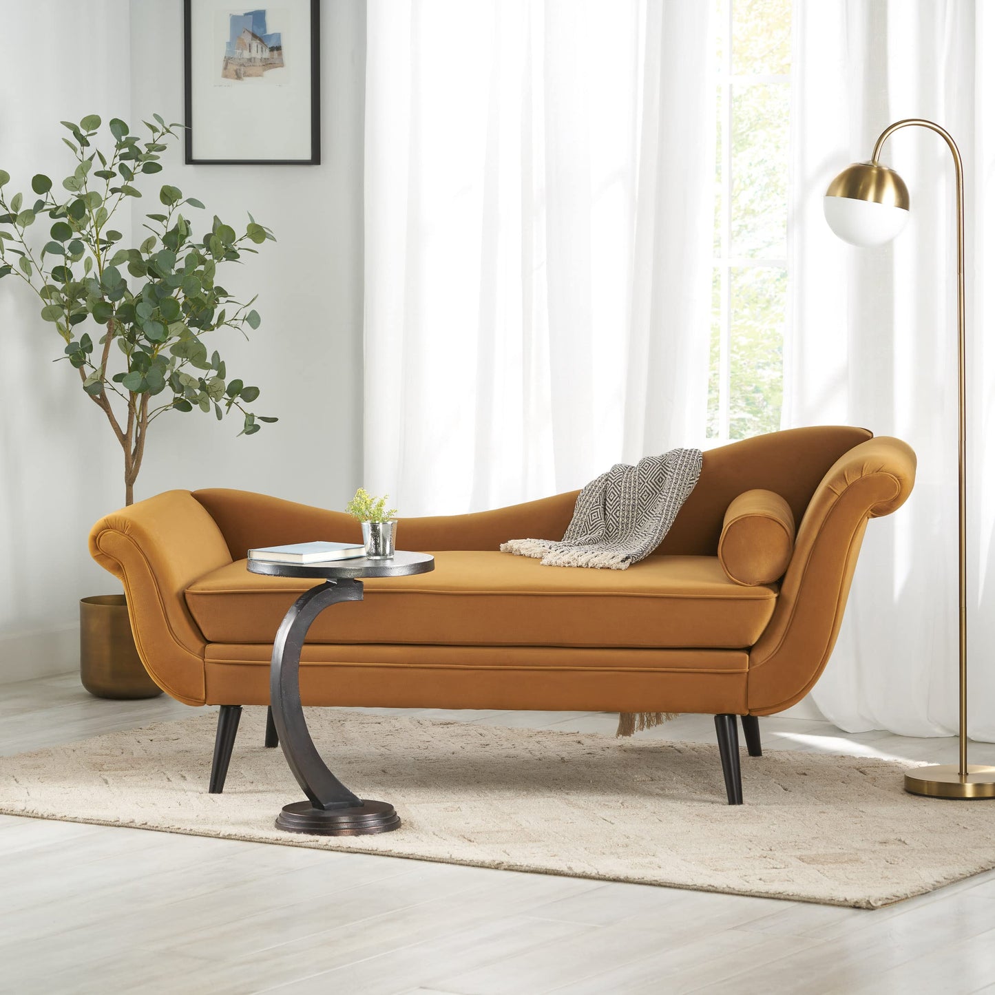 Christopher Knight Home Calvert Chaise Lounge, Turmeric Orange + Dark Brown 29D x 69W x 30H in