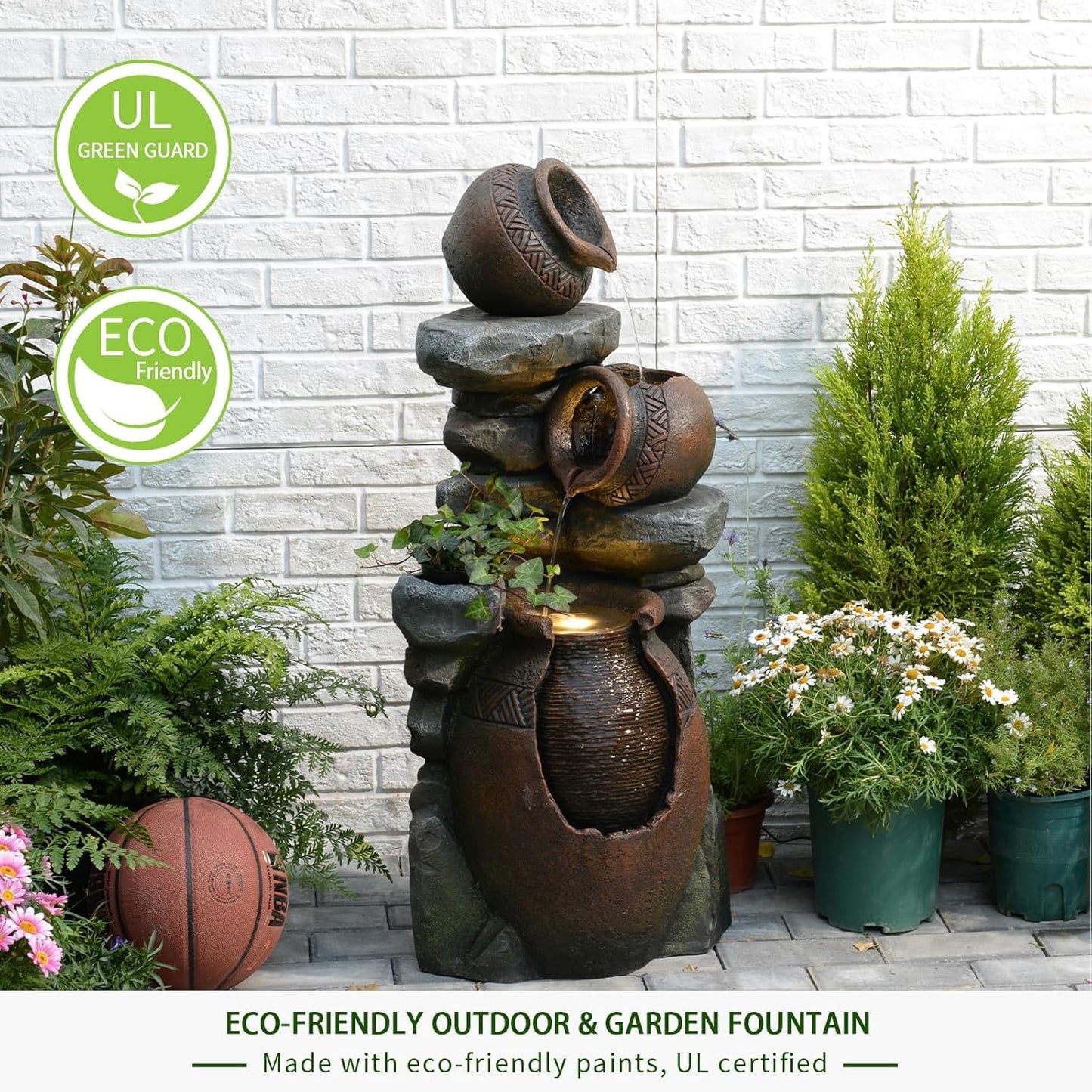 Bumilgar 38.4" H Garden Water Fountain, 3-Tier Cascading Water Features with LED Light, Faux Terracotta Jar Design for Patio, Backyard, Deck, Porch, and Home Art Décor, Brown