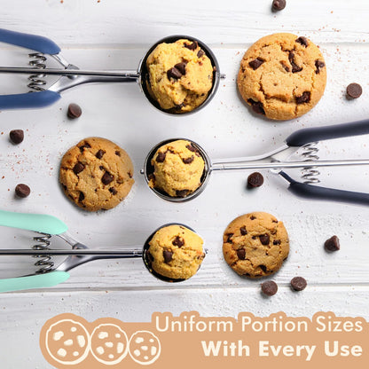 SUNNORN Cookie Scoop set, Cookie Scoops for Baking Set of 3, Size #60/ #40/ #20, Cookie Dough Scoop, Non-Slip Grip, Blue/Black/Mint Handle, For Cookies Muffin Cupcake Meatball Ice Cream