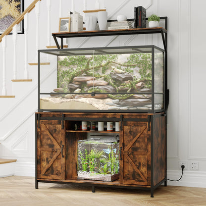 VOWNER Farmhouse Reptile Tank Stand with Power Outlet, 48" X 24" Tabletop Fits up 120 Gallon Bearded Dragon Tank, Heavy Duty Aquarium Stand with Storage Cabinet, Reptile Turtle Terrarium Stand Brown